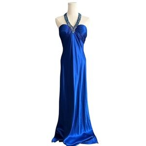 VTG 90s/Y2K CACHÉ Royal Blue 100% Silk Beaded Halter Gown - Iconic Prom - 12